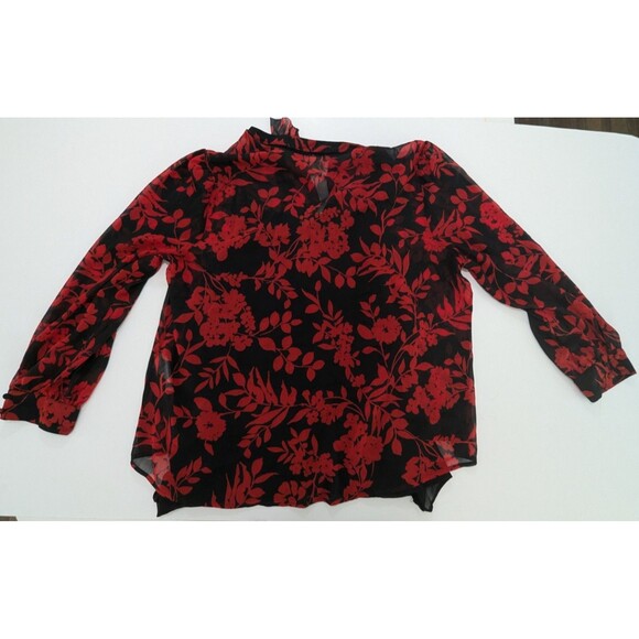 Chico's Red Black Floral Long Sleeve Sheer Ruffle Button Size 3P XL Petite - Picture 10 of 12